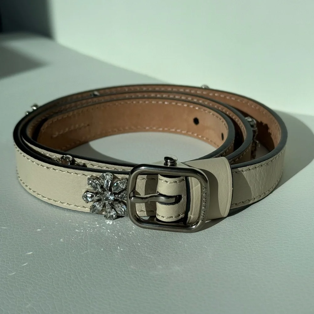 Burberry Dover Embellished Slim Leather Belt LIMESTONE - Picture 3 of 8